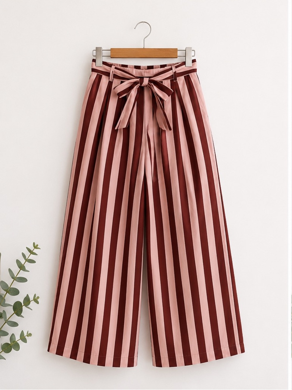 Wide Leg Striped Tie-Waist Pants - Pink & Burgundy